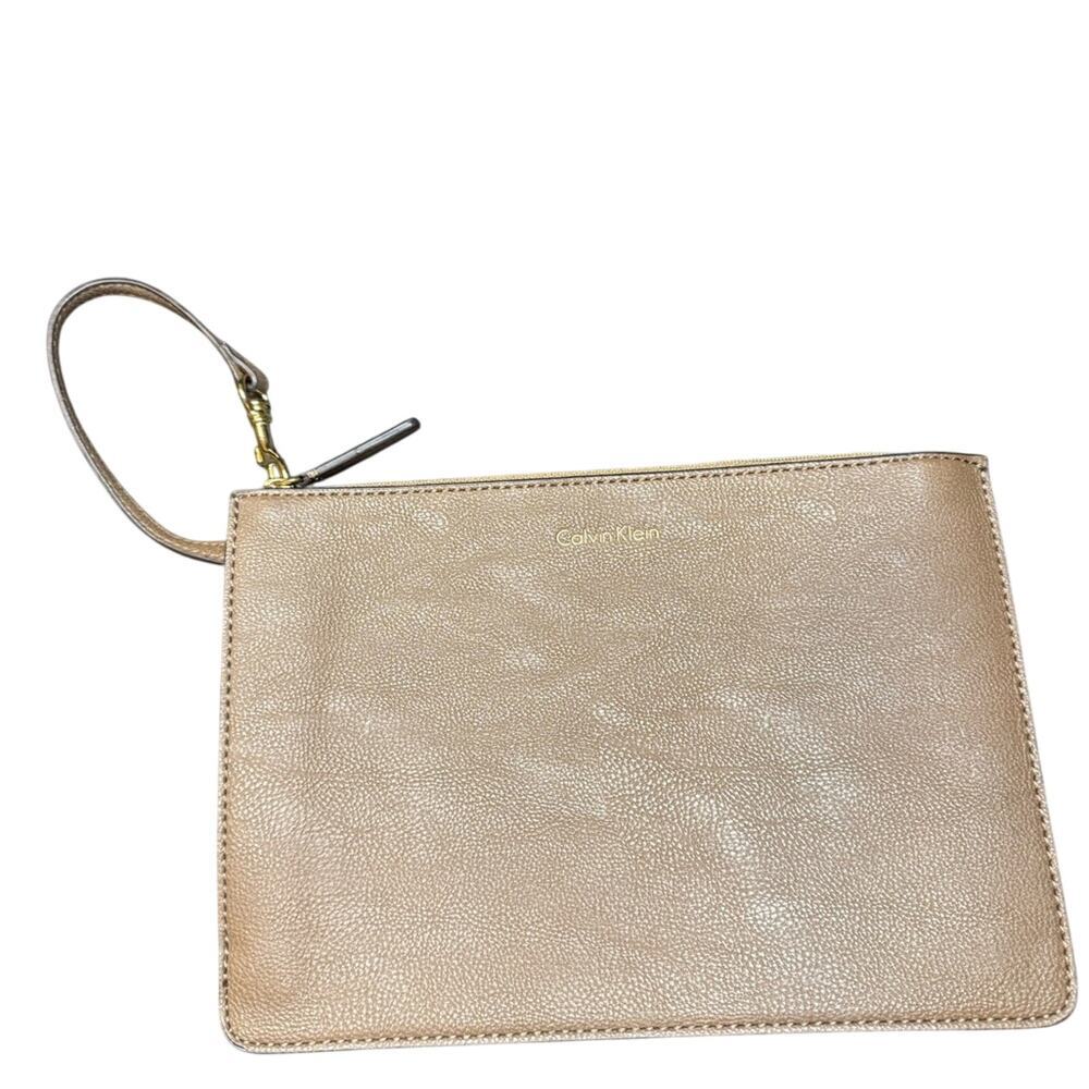 Calvin Klein Taupe Genuine Leather Wristlet Clutch Wallet Minimalist